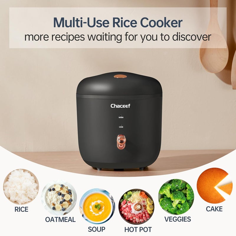CHACEEF Mini Rice Cooker 2 Cups Uncooked, 1.2L Rice Cooker Small with Non-stick Pot, Portable Travel Rice Maker with One Touch & Keep Warm Function,White Rice, Brown Rice, Oatmeal, Black - Image 3